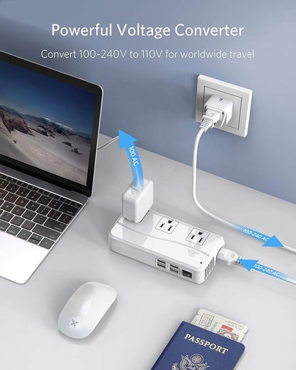 BESTEK Universal Travel Adapter 220V to 110V Voltage Converter with 6A 4-Port USB Charging and UK/AU/US/EU Worldwide Plug Adapter (White)