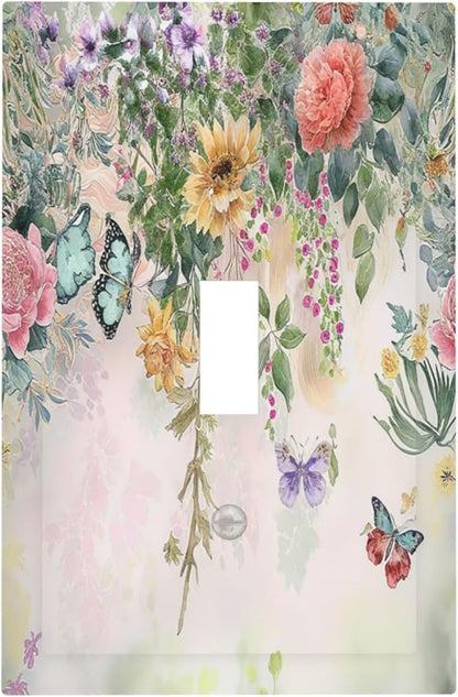Rustic Floral Watercolor Flower Blossom Butterfly Single Toggle Light Switch Cover plate Outlet Cover Decorative Switchplate Wall Plates Electrical Panel Cover for Bathroom Living Room 5 X 3 IN