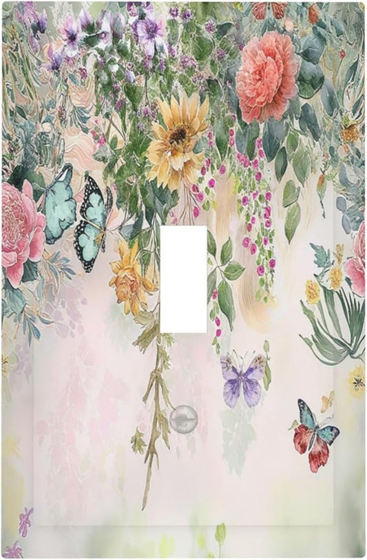 Rustic Floral Watercolor Flower Blossom Butterfly Single Toggle Light Switch Cover plate Outlet Cover Decorative Switchplate Wall Plates Electrical Panel Cover for Bathroom Living Room 5 X 3 IN