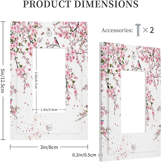Decorative Outlet Covers Rustic Plum Blossom Pink Flowers 1 Gang Rocker Light Switch Cover Plate Single Decora Light Switch Covers Wall Plate Faceplate for Bedroom Decor （2 Pack）