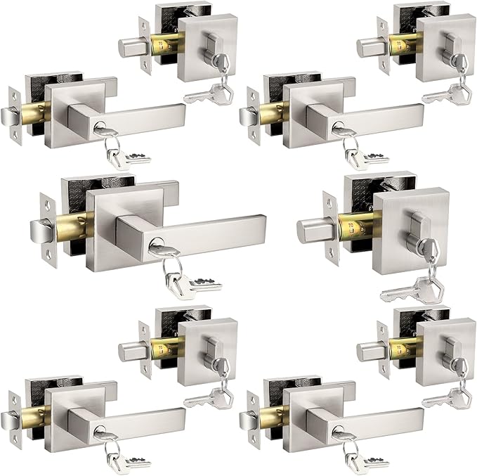 Probrico Heavy Duty Square Entry Levers and Single Cylinder Deadbolts Combo Pack, Satin Nickel Keyed Alike Entry Door Locksets for Office Bedroom and Front Door, 5 Pack(All Same Keys)
