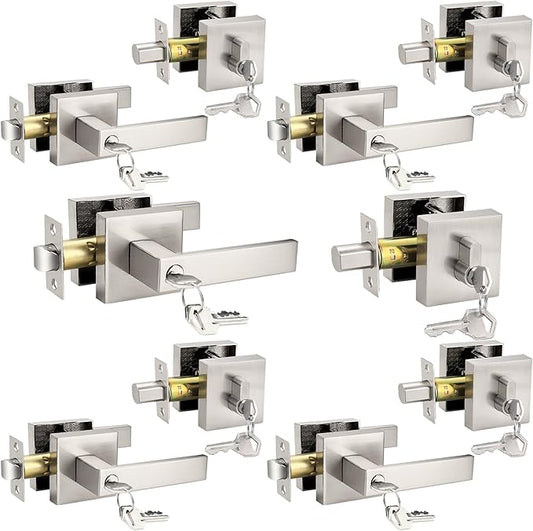 Probrico Heavy Duty Square Entry Levers and Single Cylinder Deadbolts Combo Pack, Satin Nickel Keyed Alike Entry Door Locksets for Office Bedroom and Front Door, 5 Pack(All Same Keys)