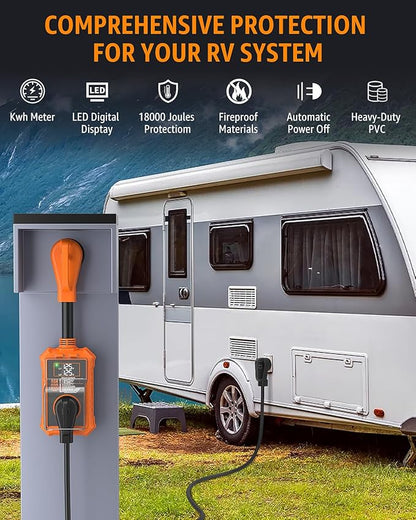 RV Surge Protector 50 Amp with Smart LED Display, 18000J Circuit Analyzer Waterproof with Auto Shutoff & Reset for High/Low Voltage, 50 Amp Rv Surge Protector for Camper, Travel Trailer