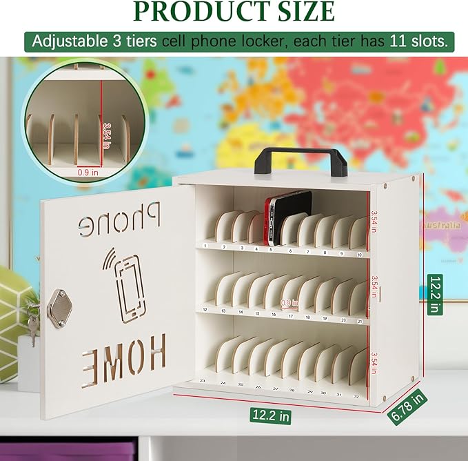 Echaprey Cell Phone Holder Classroom Adjustable 33 Slots Pocket Chart Wooden Cell Phone Storage Cabinet with Handle and Lock Desktop Cell Phone Holder for Classroom Office (White)