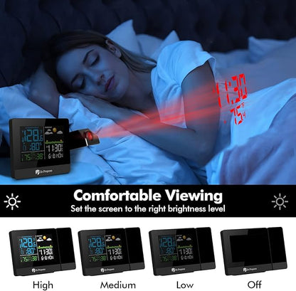DR.PREPARE Projection Alarm Clock, Digital Clock Projector on Ceiling with Indoor/Outdoor Temperature Display, Dual Alarms, Colored Backlight, Weather Forecast, and Battery Backup for Bedroom