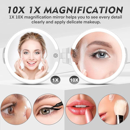 FUNTOUCH Travel Mirror with Lights and Magnification, 1X/10X Double Sided Makeup Vanity Mirror with 3 Color Setting, Christmas Birthday Gifts for Women Girls with Bag