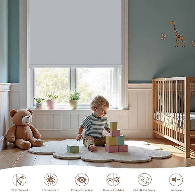 Motorized Roller Blinds with Remote, 100% Blackout Automatic Roller Shades for Bedroom, Bathroom, and Living Room, Customized Size, Morning Haze Gray
