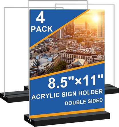 Seencool 8.5x11 Acrylic Sign Holder Vertical Double-sided Tabletop Sign Holder with Black Base, Plastic Picture Frame Paper Holder, Clear Menu Display Stand for Office Restaurant Store Home 4 pack