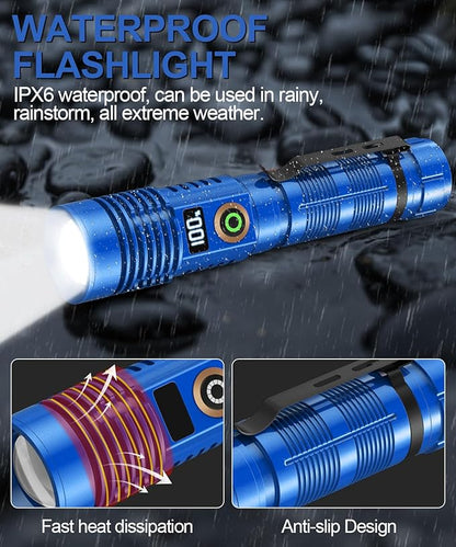 Rechargeable Flashlight High Lumens- Super Bright Magnetic Flash Light with Power Digital Display,Long Range,Dimmable,Waterproof,Pocket LED Flashlights for Emergency Camping 2PC Blue