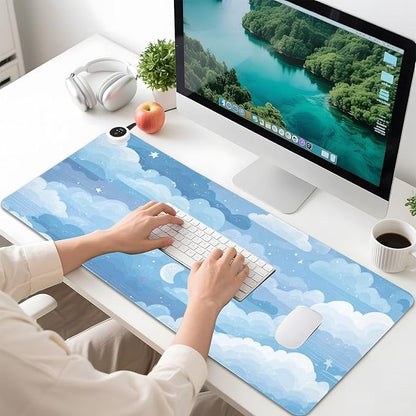 Heated Desk Pad Mouse Pad 31.5x13 Inch PU Leather Desk Mat with 3 Heat Levels Large Mouse Gaming Computer Laptop Mat Blue Gradient Cloud and Stars