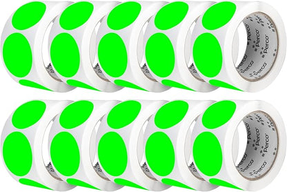 Perco Fluorescent Green 2-Inch Perforated Circle Dot Sticker Labels — 10 Rolls, 5,000 Round Stickers — with Permanent Adhesive for Organizing, Color Coding, Bin Labeling, Packaging Alerts—Made in USA