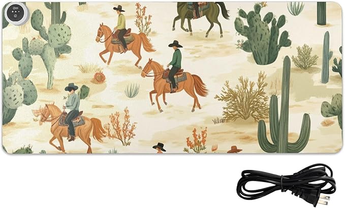 Heated Desk Pad Mouse Pad 31.5x13 Inch PU Leather Desk Mat with 3 Heat Levels Large Mouse Gaming Computer Laptop Mat Cute Cacti Desert Cowboys Horses