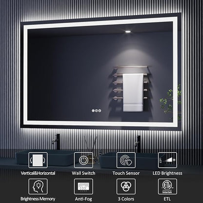 Amorho LED Bathroom Mirror 65" X36" with Front and Backlight, Stepless Dimmable Wall Mirrors with Anti-Fog, Shatter-Proof, Memory, 3 Colors, Double LED Vanity Mirror