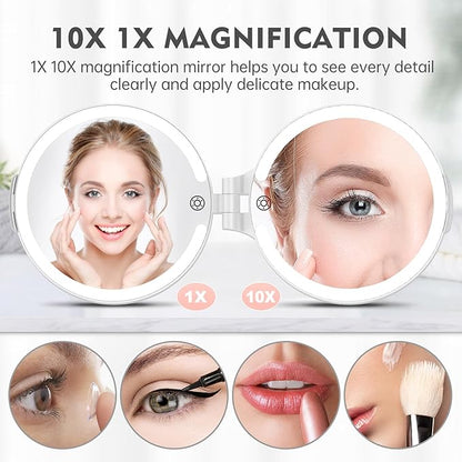 FUNTOUCH 7'' Travel Makeup Mirror with Lights 10X Magnifying, 3 Color Portable Double Side Vanity Compact Mirror with Rechargeable for Travel Essential, Gifts for Lover