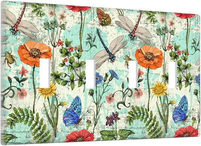 Dragonflies Flowers Butterfly 4 Gang Quad Toggle Outlet Light Switch Cover Decorative Wall Plate Cover For Home Living Bedroom Kitchen Decorative