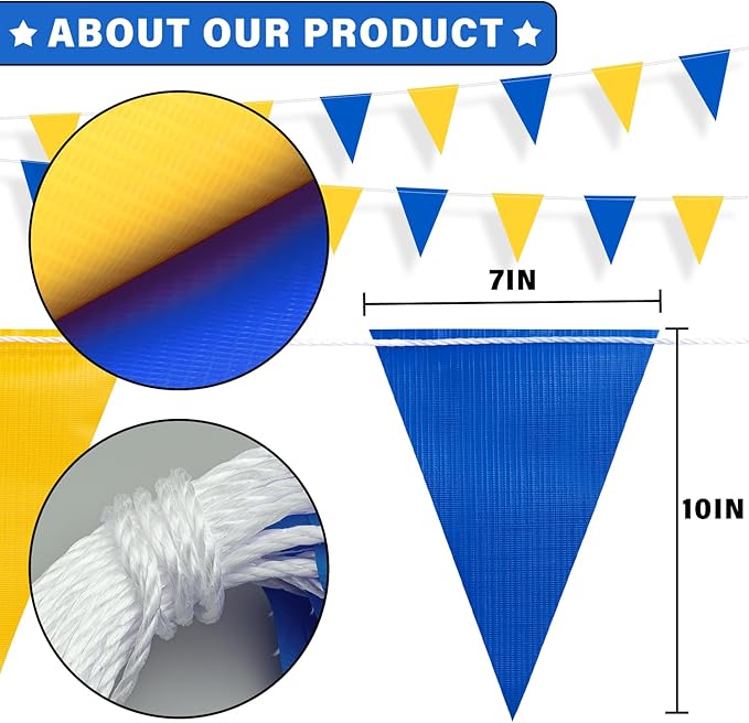 105ft Blue and Yellow Pennant Banner Flag, 7"x10" Fluorescent Safety Flagging Banner Warning Flag for Construction Site/Boundary Barrier Signs, Perimeter Marking Flags on String, 45 Flags