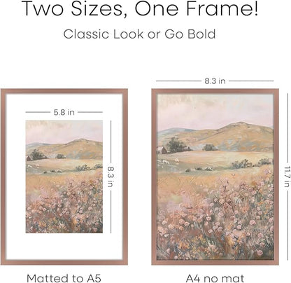 Homeforia A4 Picture Frame Mocha, High End Metal 8.3 x 11.7 Frames for Wall, A4 Photo Frame with Mat for A5 inch Print, 8.25 by 11.75 Mocha Poster Frames, 8.3x11.7 Frame with Glass, Wall Kit, Set of 1