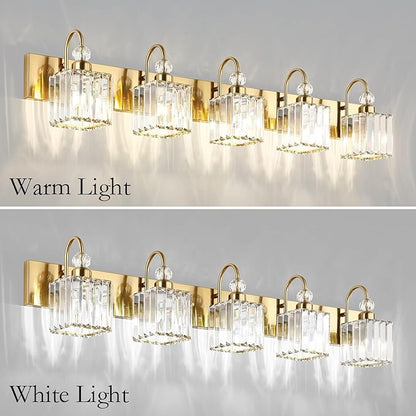 Ralbay Modern Gold Vanity Lights - 6-Light Gold Crystal Bathroom Vanity Lights Over Long Mirror