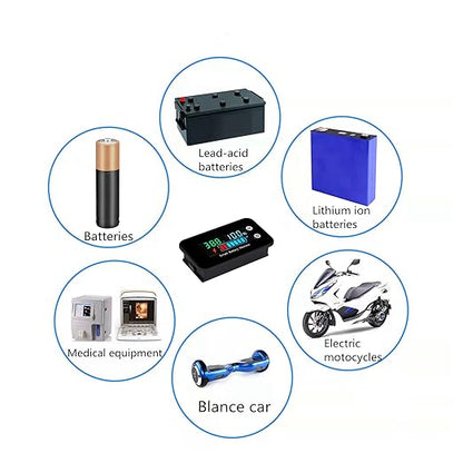 IPX7 Waterproof Battery Monitor12v 24v 36v 48v 60v 72v,Car Motorcycle Golf cart Battery Meter Digital Capacity Remaining Capacity Percentage Tester with Buzzer Alarm and Temperature