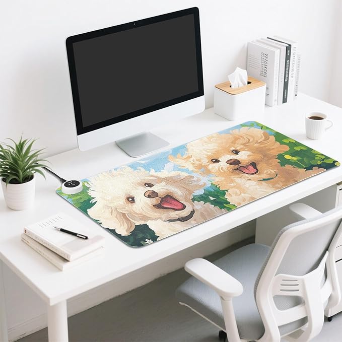 Heated Desk Pad Mouse Pad 31.5x13 Inch PU Leather Desk Mat with 3 Heat Levels Large Mouse Gaming Computer Laptop Mat Spring Running Poodle Dogs