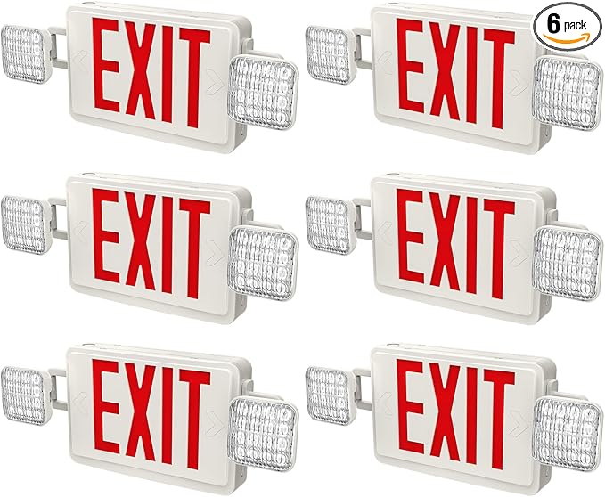 6 Packs Red Exit Sign with Emergency Lights, LED Emergency Exit Light with Battery Backup, UL Listed, AC 120/277V, Commercial Emergency Lights Combo for Business/Home.