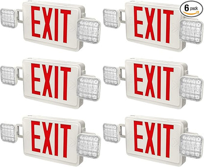 6 Packs Red Exit Sign with Emergency Lights, LED Emergency Exit Light with Battery Backup, UL Listed, AC 120/277V, Commercial Emergency Lights Combo for Business/Home.