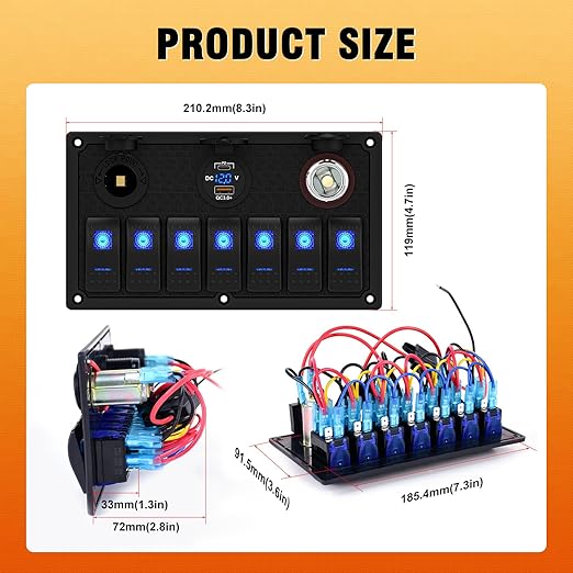 Marine Boat Rocker Switch Panel,Waterproof 7 Gang Toggle Switch Panel with Dual USB and Voltmeter Panel for RVs, Cars, Boats, Trucks,Trailers - 12-24V