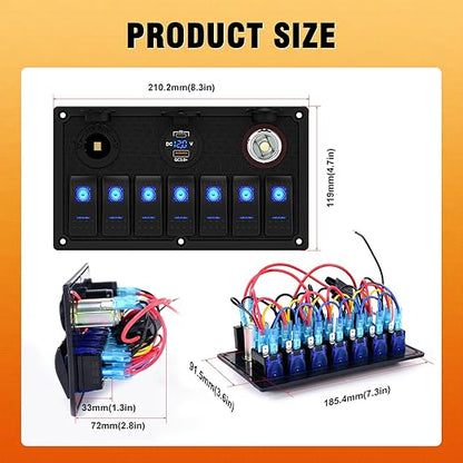 Marine Boat Rocker Switch Panel,Waterproof 7 Gang Toggle Switch Panel with Dual USB and Voltmeter Panel for RVs, Cars, Boats, Trucks,Trailers - 12-24V