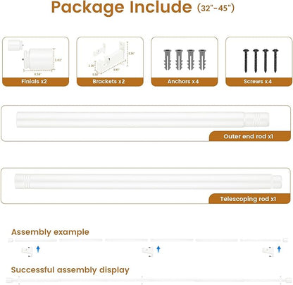 White Aluminium Curtain Rods for Windows,1 Inch Adjustable Curtain Rod 32 to 45 Inch,Heavy Duty Drapery Rods with Thicken Bracket,Modern Single Rod with Aluminium Finials