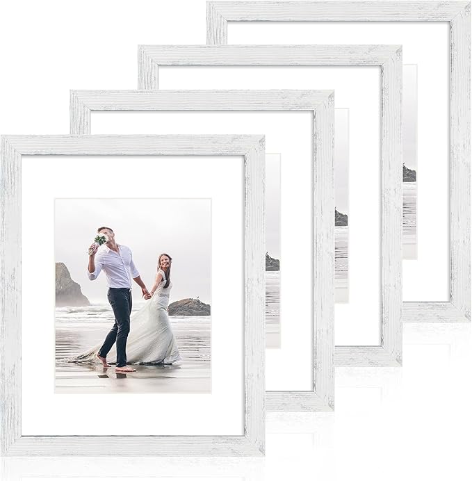 iRahmen 11x14 Picture Frame Set of 4 with Tempered Glass, Distressed White Frame Display 8x10 Picture with Mat or 11 x 14 Without Mat, Wood Rustic Photo Frames for Horizontal or Vertical Wall Mounting