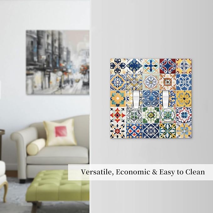 Decorative Switch Plates Moroccan Traditional Mexican Talavera Til 2 Gang Double Toggle Outlet Light Switch Cover Wall Plate Electrical Faceplate for Kitchen Home Decor