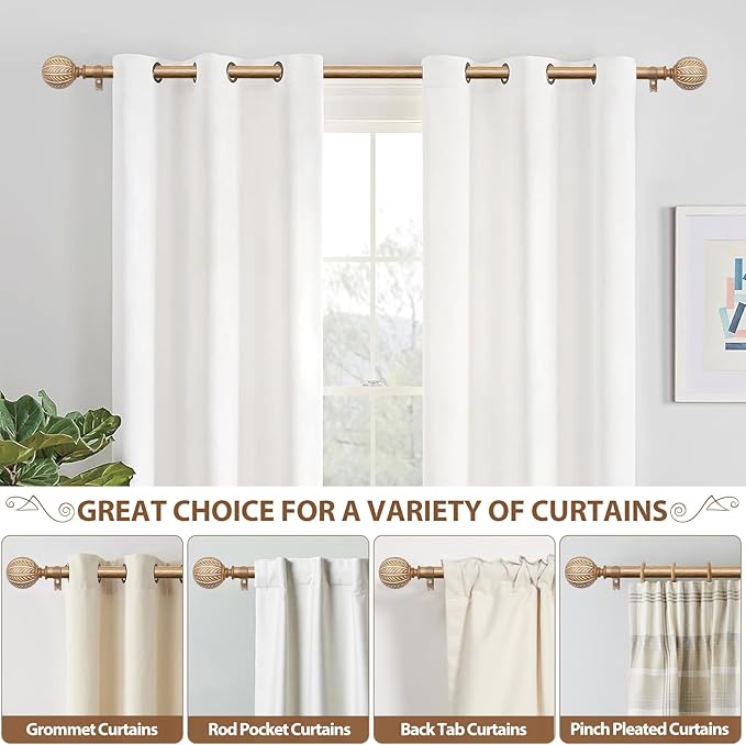 KAMANINA Wood Curtain Rods for Windows 32 to 58 Inch(2.6-4.8ft), 1 Inch Adjustable Drapery Rod, Decorative Heavy Duty Curtain Rods with Leaf Pattern Finials, Wood Grain