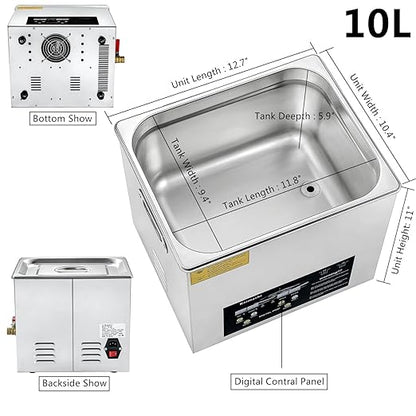 Professional Ultrasonic Cleaning Machine 10L with Digital Timer and Heater, Stainless Steel Ultrasound Cleaner for Cleaning Circuit Board Parts Dental Instruments