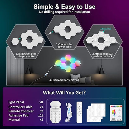 OJQ 8 Pack Hexagon Lights Wall RGB Panel - Hexagonal Led Lights Room Decor Wall Lights Smart APP Music with Sync Honeycomb Shape Panels Hexagon Gaming Night Lights for Bedroom Children