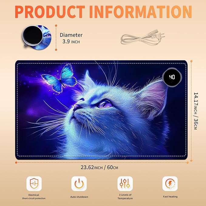 Heated Mouse Pad, Warm Desk Pad, Keyboard Mat 23.6 x 14 Inch Large Size Intelligent Fast Heating, 3 Speed Adjustable, Timed Auto Power Off for Game Office Home, Blue Cat Butterfly