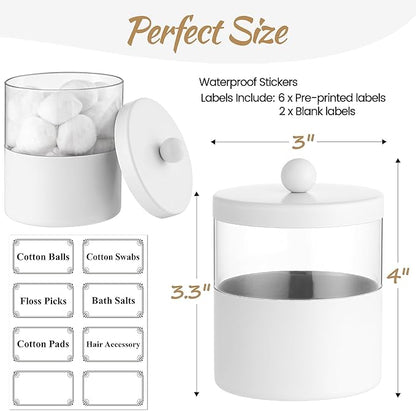 Gaussra White Apothecary Jars, White Qtip Holder - Stainless Steel Bathroom Jar with Stickers - Farmhouse Decor Qtip Dispenser for Qtips, Cotton Balls, Swabs, Makeup Sponges (2-Pack)