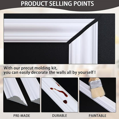 6-Frame Premade Accent Wall Molding Kit, Ready-to-Assemble Wainscoting Panels, Pre-Cut Chair Rail Moulding Trim for Home Décor
