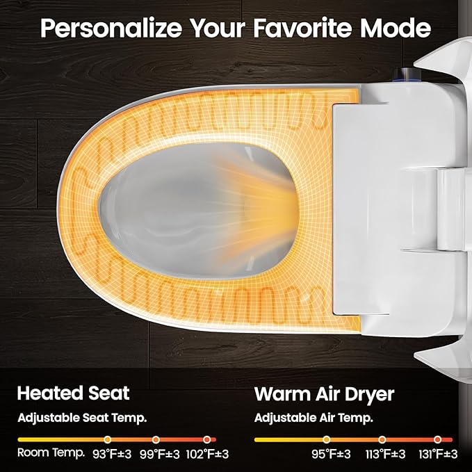 Smart Toilet with Built-In Bidet, Auto Open and Close Lid, Heated Seat, Warm Air Dryer, Night Light, 1.06 GPF Powerful Auto Flush and Blackout Flush, Easy Operation by Knob, Remote, Kick Button