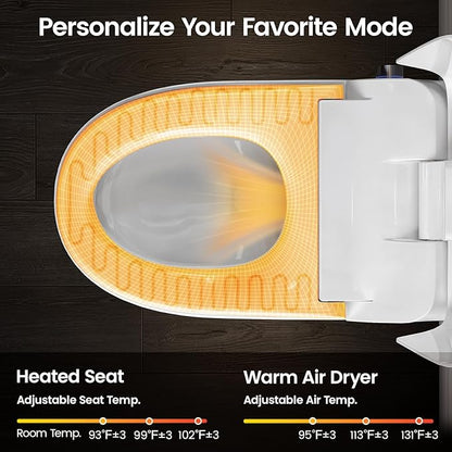 Smart Toilet with Built-In Bidet, Auto Open and Close Lid, Heated Seat, Warm Air Dryer, Night Light, 1.06 GPF Powerful Auto Flush and Blackout Flush, Easy Operation by Knob, Remote, Kick Button