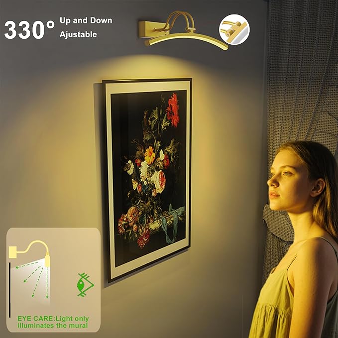 PAIHOME Picture Light for Wall Battery Operated, Rechargeable Picture Light with Smart Motion Sensor, Remote Dimmable & Timer, ‌16in Gold Wireless Art Lighting for Paintings Canvas Gallery Portraits
