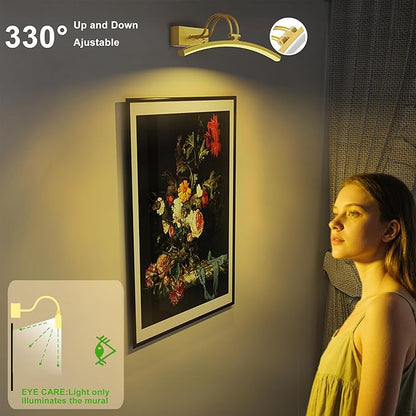 PAIHOME Picture Light for Wall Battery Operated, Rechargeable Picture Light with Smart Motion Sensor, Remote Dimmable & Timer, ‌16in Gold Wireless Art Lighting for Paintings Canvas Gallery Portraits