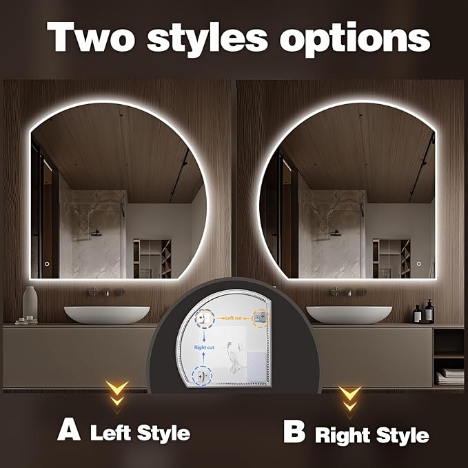 Niccy Half Moon LED Mirror for Bathroom, 28" Backlit + Front Lit Lighted Semi Round Makeup Mirrors for Wall, Anti-Fog, Dimmable 3-Colors, Memory Function, Shatterproof Smart Vanity Mirror
