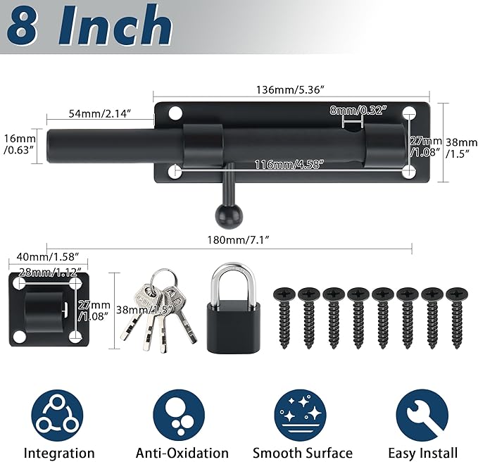 Alise 8inch Barrel Bolt Latch, Slide Bolt Latch, Heavy Duty Solid SUS304 Stainless Steel Slide Lock for Wooden Fence,Barn Door,Interior or Outdoor Door.Matte Black