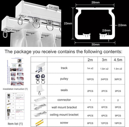 Ceiling Curtain Track Ceiling Mounted Curtain Rail for Curtains, Drapes, and Room Dividers Ceiling or Wall Mount Curtain Track Room Divider-Sliding Curtain Rail for Living room (white, 3m)