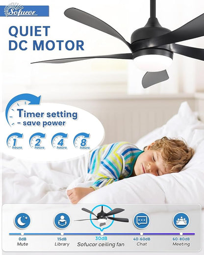 Sofucor 45" Smart Ceiling Fan, Indoor/Outdoor Black Ceiling Fans with Lights and Remote, Works with Alexa/Google/App, 3-Color Light 6-Speed Timing Reversible DC Motor for Bedroom Living Room Patio