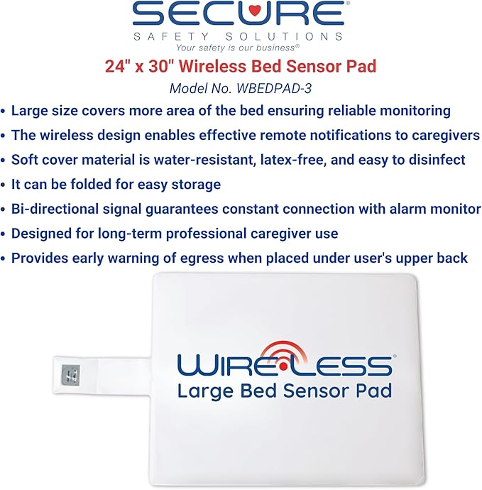 Secure Large Bed Alarm for Elderly Adults - Wireless Sensor Pad (24"x30") & Monitor with Protective Holder - Smart and Reliable Fall Prevention for Seniors and Dementia Patients