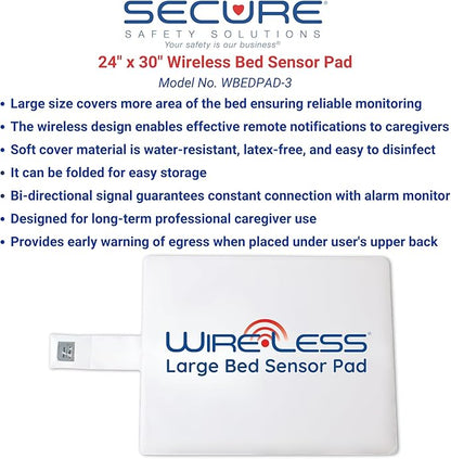 Secure Large Bed Alarm for Elderly Adults - Wireless Sensor Pad (24" x 30") & Monitor with Power Adapter - Fall Prevention and Wander Guard Safety for Dementia Patients Seniors