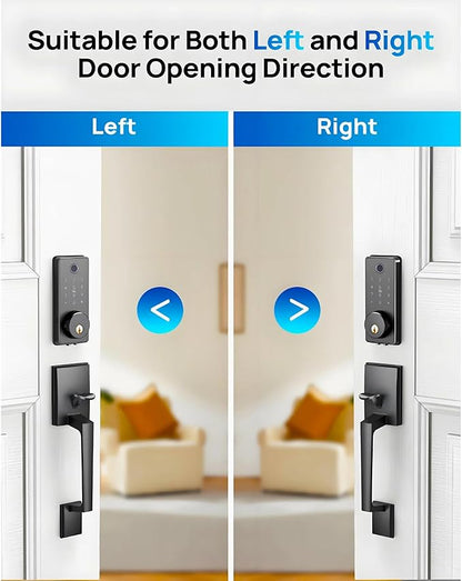 Smart Keyless Entry Door Lock Set w/Front Door Handle, 0.1s Fingerprint Biometric Unlock, Auto Lock, APP Remote/Passcodes/Cards Control, Keypad Deadbolt, Easy Install for Entry Bedroom