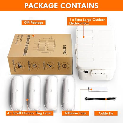 RESTMO 5-Piece Outdoor Waterproof Electrical Box Set – 12.5" x 8.5" x 5" Large & 7.1" x 2.3" x 2.3" Small, Weatherproof Boxes for Power Strip, Outlet, Plug, Socket, Timer, Holiday Light, White