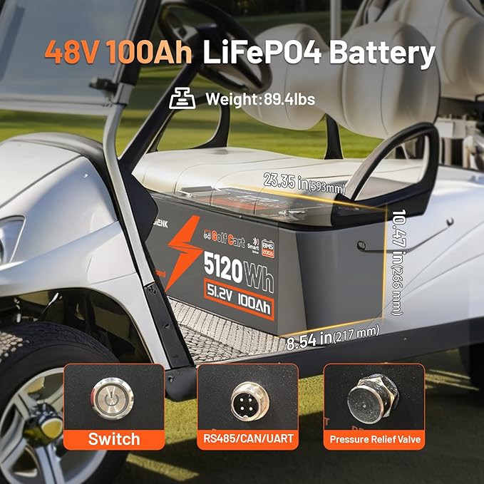 48V 100Ah Golf Cart Battery with Cylindrical Cell & Metal Case, LiFePO4 Lithium Battery with 15A Charger, Bluetooth APP & LCD Monitor, 15000+ Cycles, 200A BMS with Low-Temp Protection for Golf Carts
